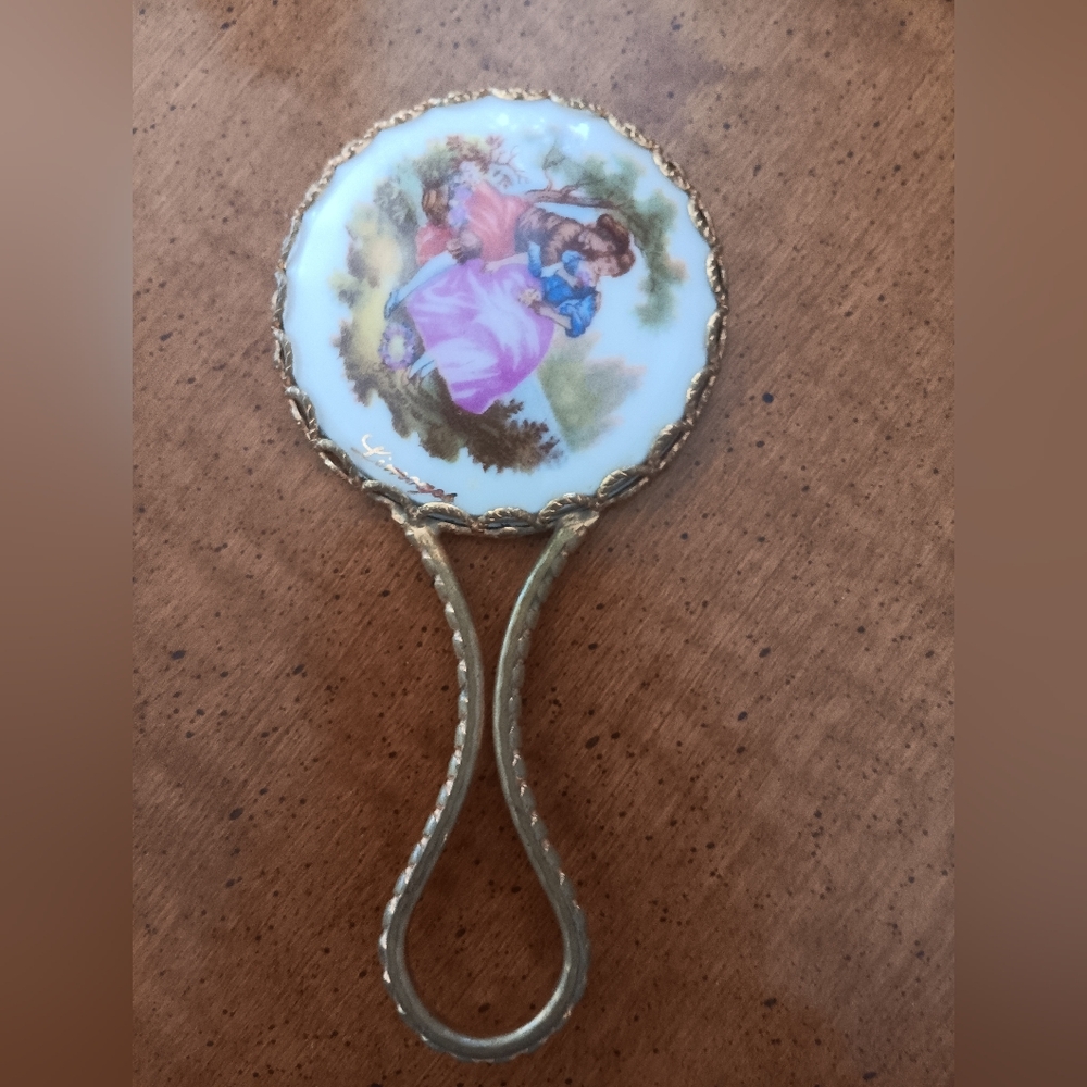VINTAGE LIMOGES Elegant Gold Hand Mirror